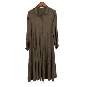Talulah Shirt Dress Women Size Large Green Brown Tiered Layer Pleated Rayon Midi